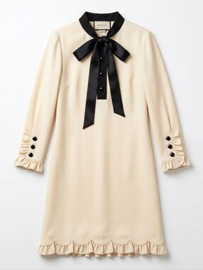 Gucci Cream Wool Long Sleeve Bow Tie Neck Dress Size 42 Italy